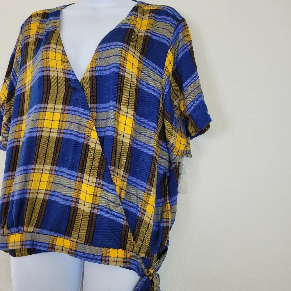 Arizona Jean Co Yellow & Blue Plaid Wrap Tie Shirt xxl - Picture 3 of 9